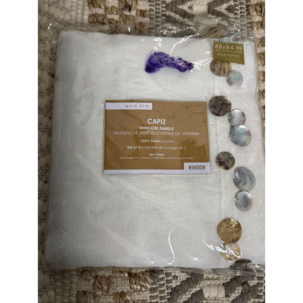 NEW West Elm Natural Capiz Shell 100% Linen Window Panels 48 × 84 Drapes